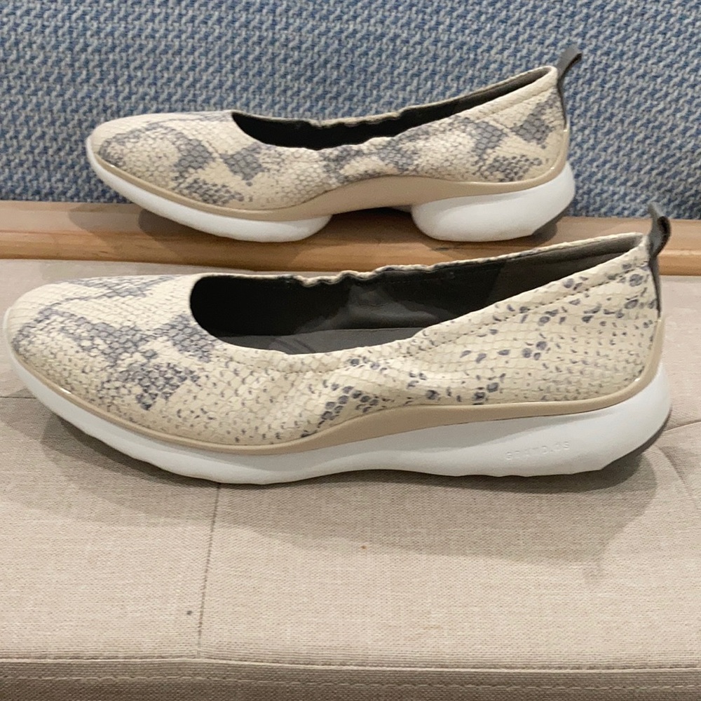 Cole Haan Snake-Print Slip-On Flats in Cream and Gray
